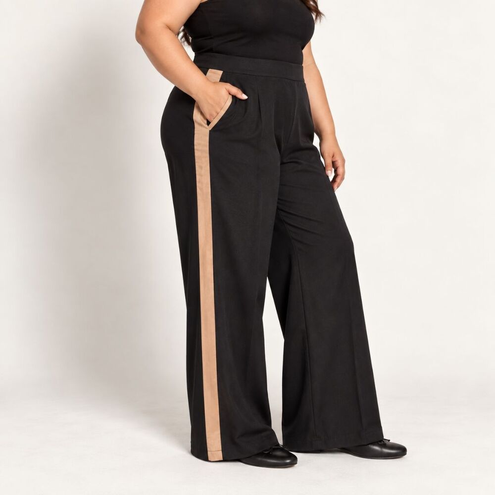 Studio Park Wide Leg Pants Womens 18W NWOT Black Tan Stripe High Rise Trousers